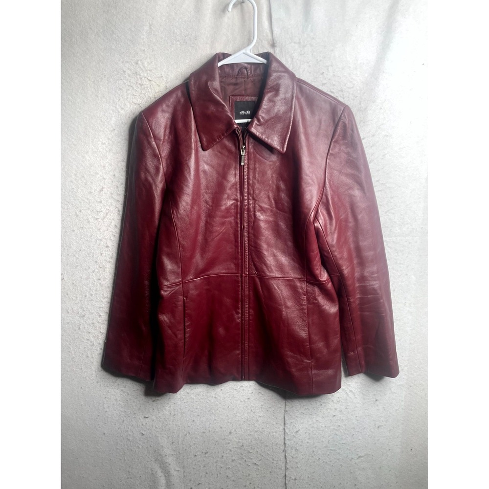 Vintage JLC New York Jacket Womens Medium Burgundy Leather Full Zip Retro 90s